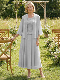 Chiffon Crew Neck Pleated 3 Pieces Mother of the Bride Dresses with Jacket