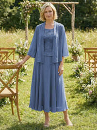 Chiffon Crew Neck Pleated 3 Pieces Mother of the Bride Dresses with Jacket