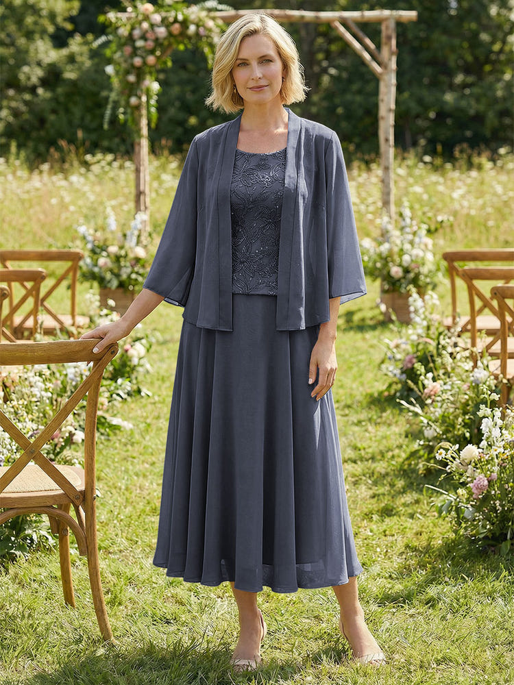 Chiffon Crew Neck Pleated 3 Pieces Mother of the Bride Dresses with Jacket