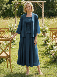 Chiffon Crew Neck Pleated 3 Pieces Mother of the Bride Dresses with Jacket
