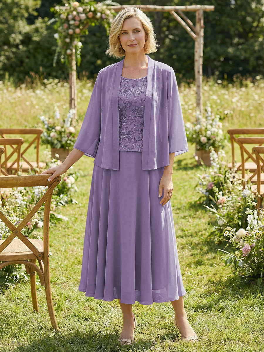 Chiffon Crew Neck Pleated 3 Pieces Mother of the Bride Dresses with Jacket