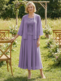 Chiffon Crew Neck Pleated 3 Pieces Mother of the Bride Dresses with Jacket