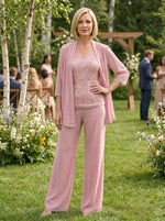 Chiffon V Neck Sequin 3 Pieces Mother of the Bride Pantsuits