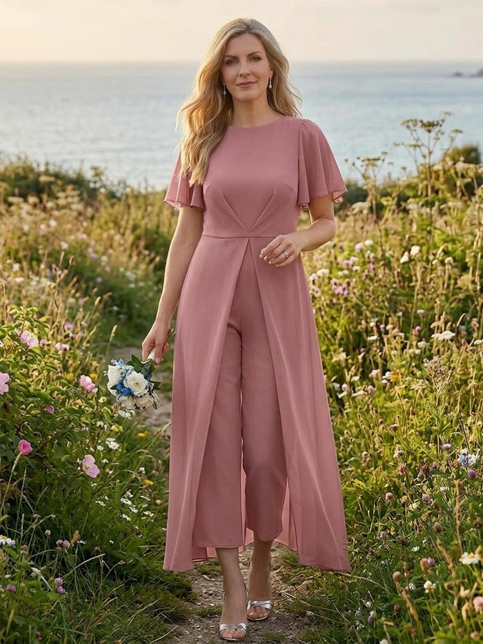 Chiffon Crew Neck Pleated 2 Pieces Mother of the Bride Pantsuits