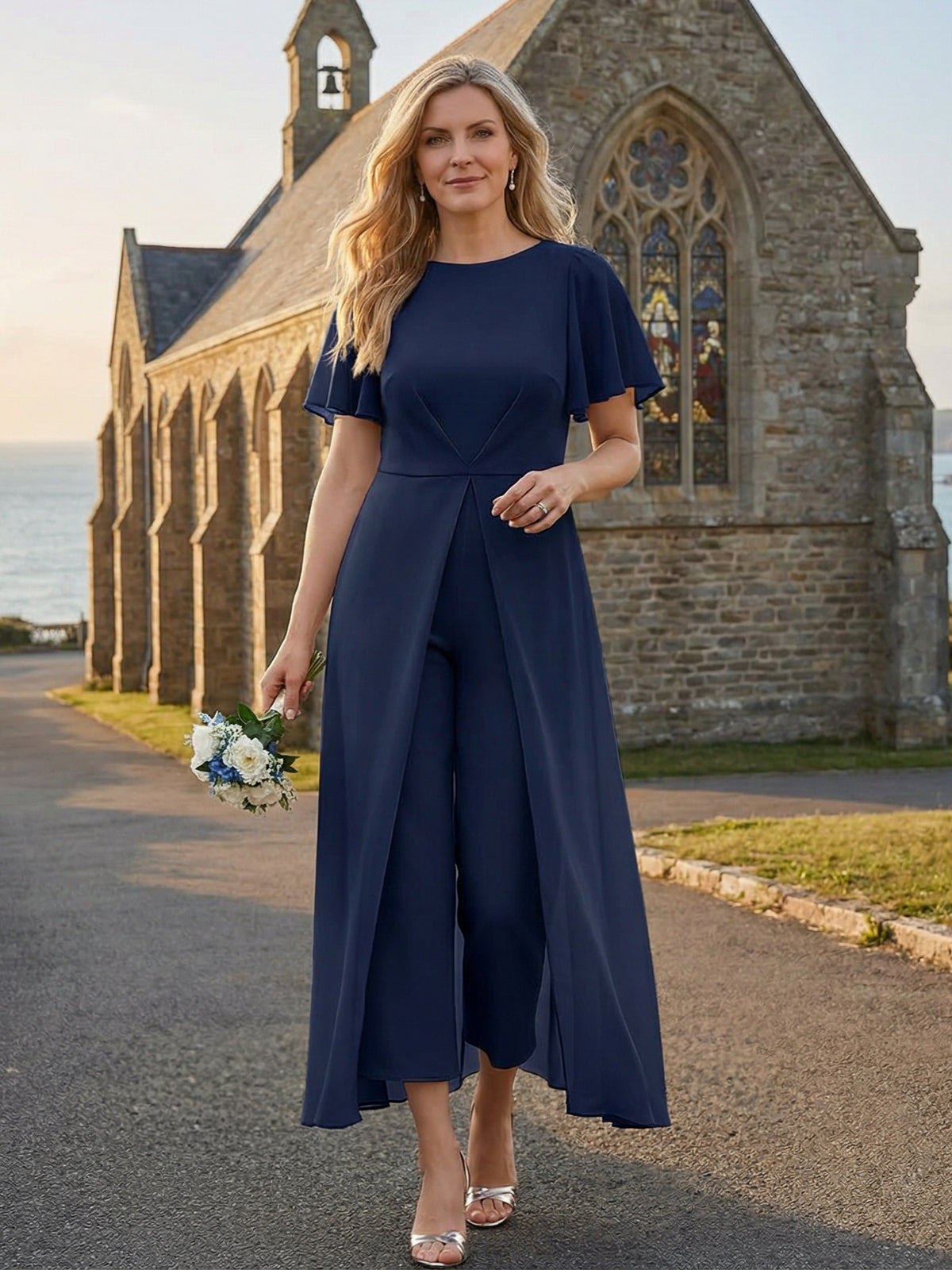 Chiffon Crew Neck Pleated 2 Pieces Mother of the Bride Pantsuits