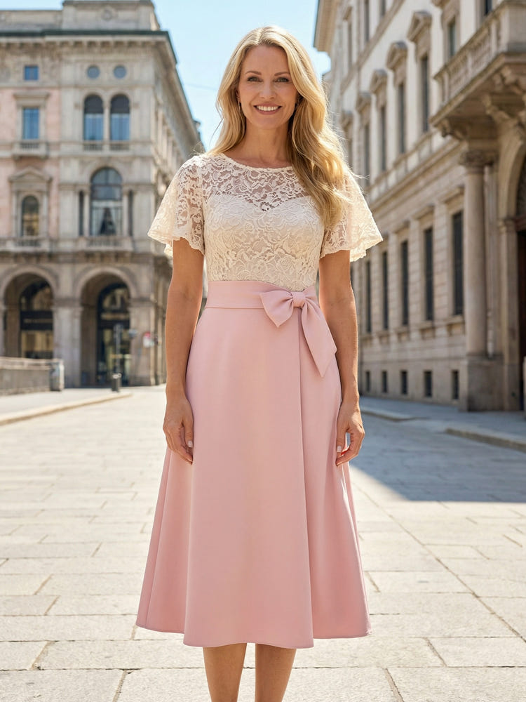 Satin A-Line Crew Neck Lace Mother of the Bride Dresses