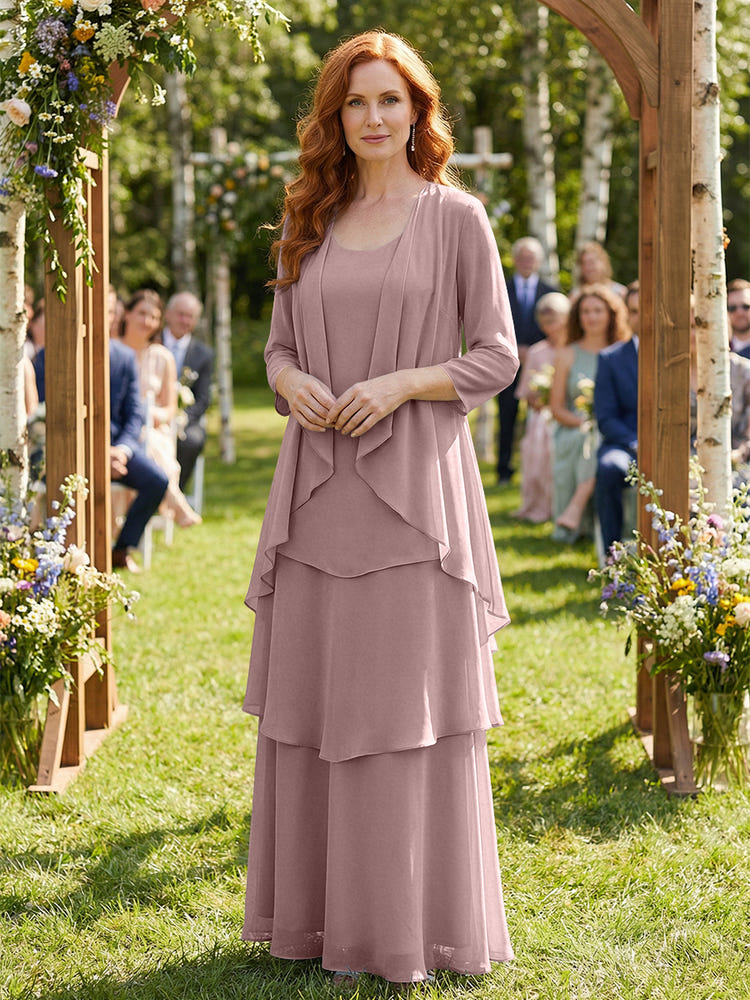 Chiffon Tiered 2 Pieces Mother of the Bride Dresses with Jacket