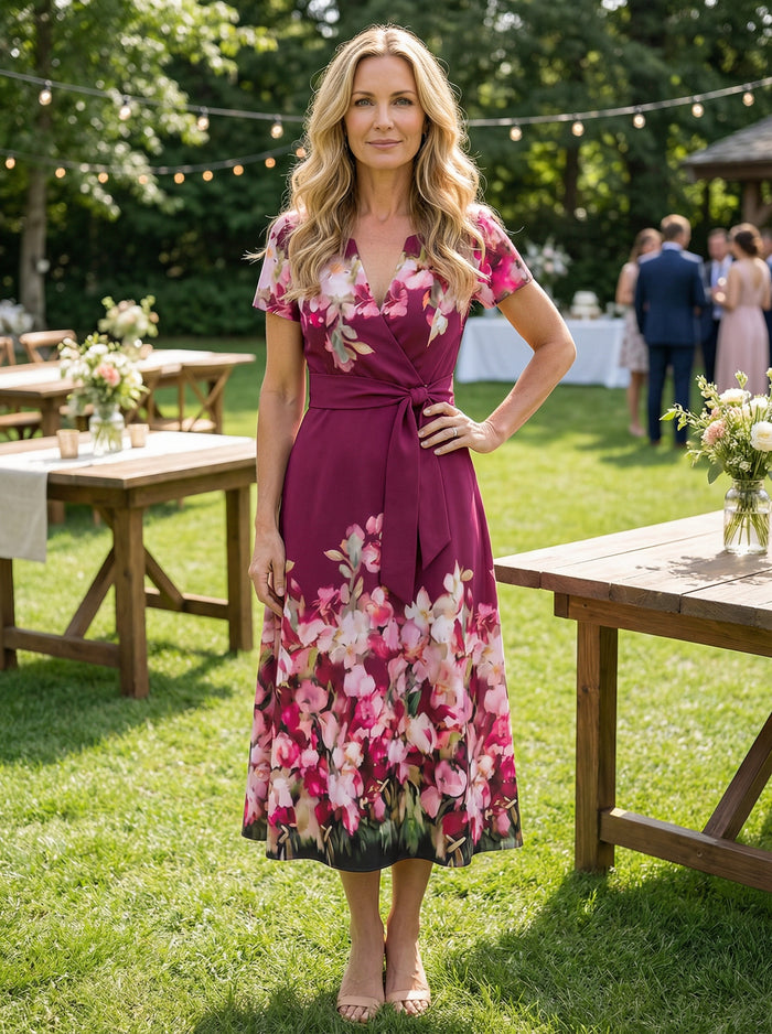 Jersey A-Line V Neck Floral Print Mother of the Bride Dresses