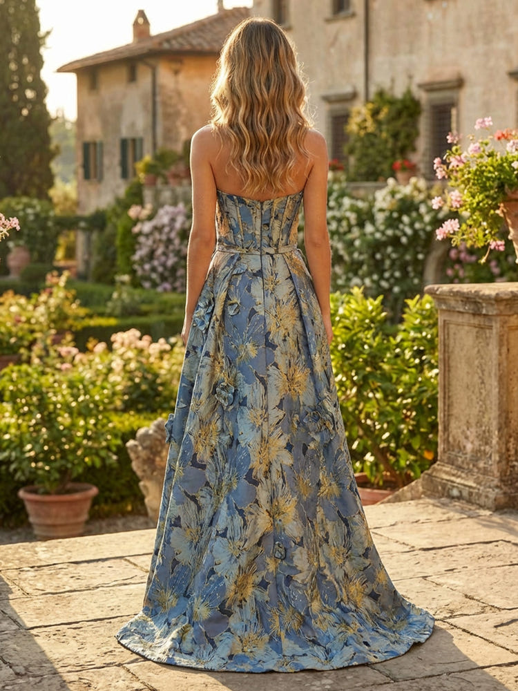 Jacquard A-Line Strapless 3D Flowers Formal Dresses