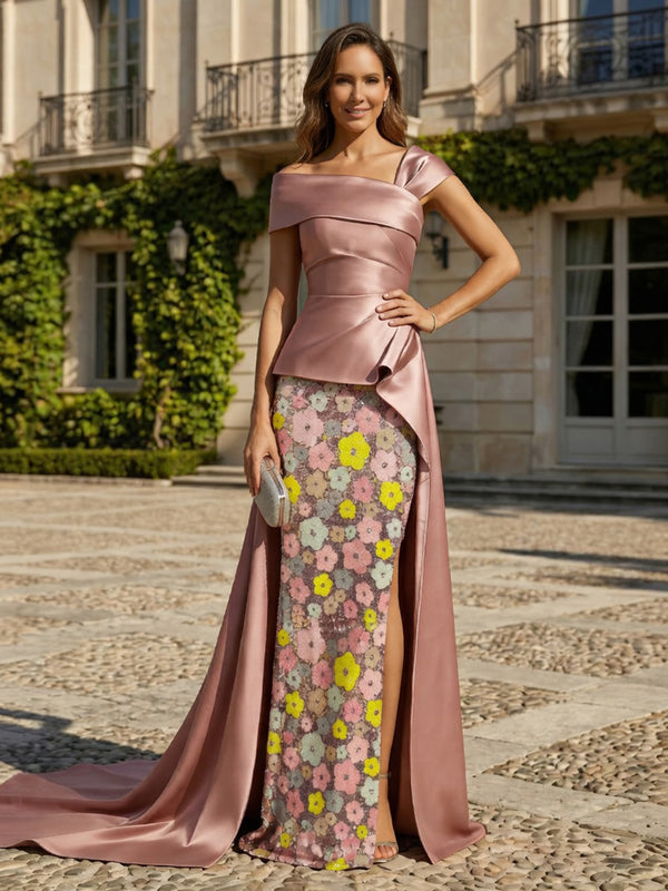 Floral Sheath Off the Shoulder Front Slit Mother of the Bride Dresses