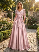 Satin A-Line V Neck Lace Applique Mother of the Bride Dresses