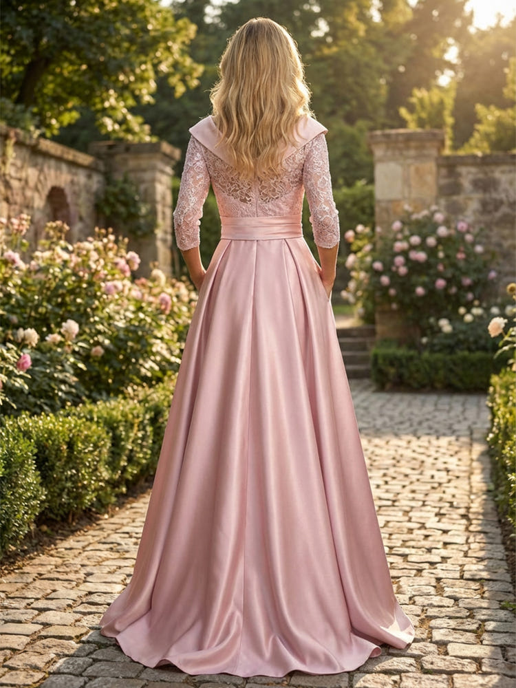 Satin A-Line V Neck Lace Applique Mother of the Bride Dresses