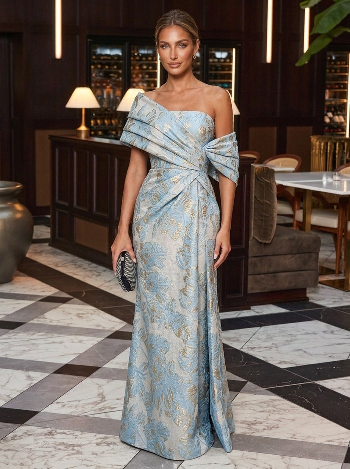 Jacquard Mermaid Asymmetric Neck Satin Formal Dresses