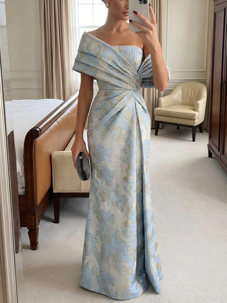 Jacquard Mermaid Asymmetric Neck Satin Formal Dresses
