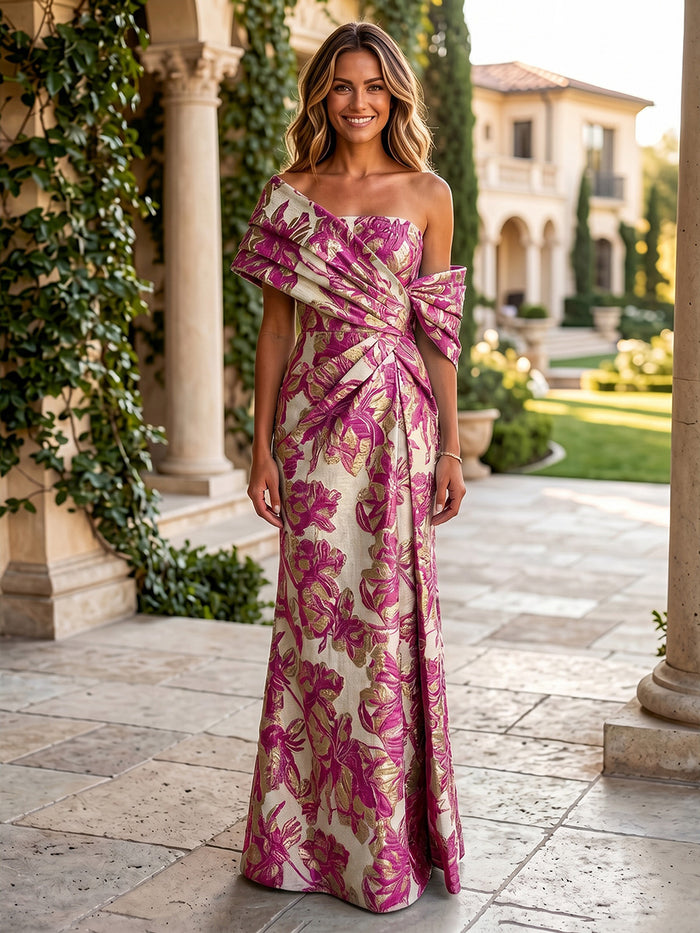 Jacquard Mermaid Asymmetric Neck Satin Formal Dresses