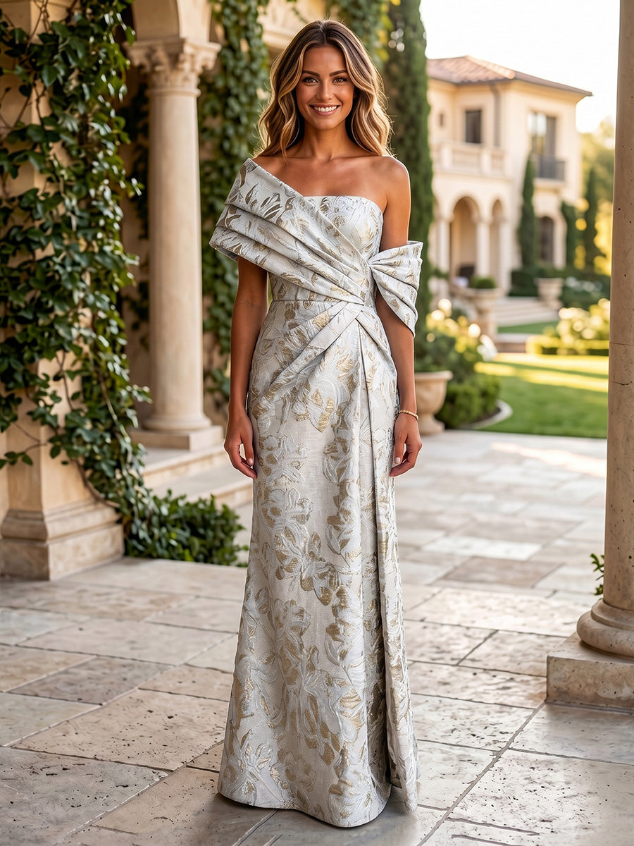 Jacquard Mermaid Asymmetric Neck Satin Formal Dresses