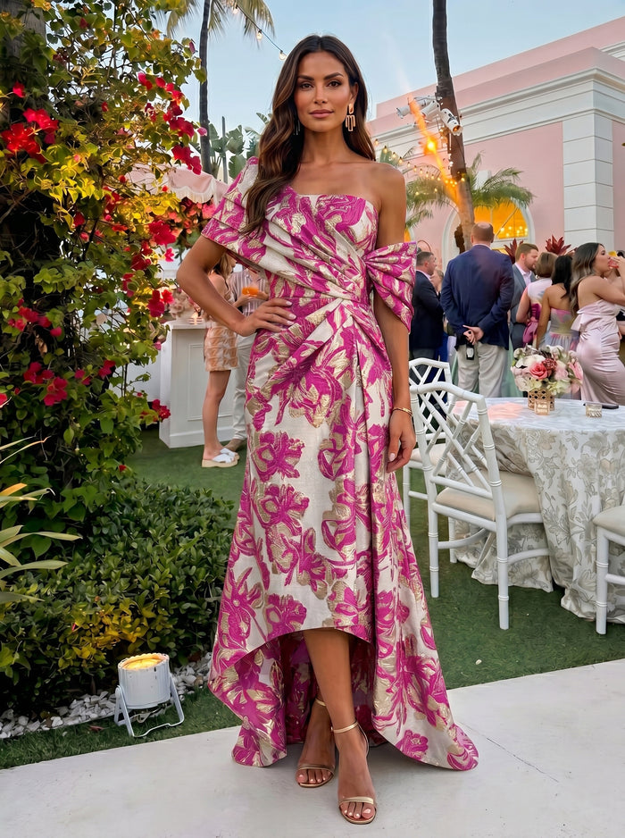 Jacquard High Low Asymmetric Neck Floral Formal Dresses