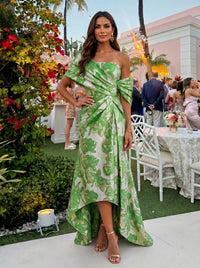 Jacquard High Low Asymmetric Neck Floral Formal Dresses
