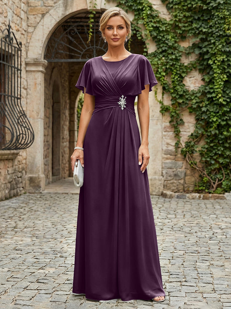 Chiffon A-Line Round Neck Rhinestone Mother of the Bride Dresses