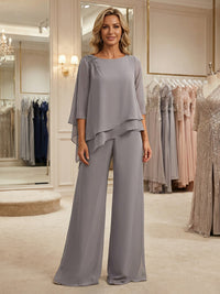 2 Pieces Chiffon Pantsuit Boat Neck Beaded Mother of the Bride Pantsuits