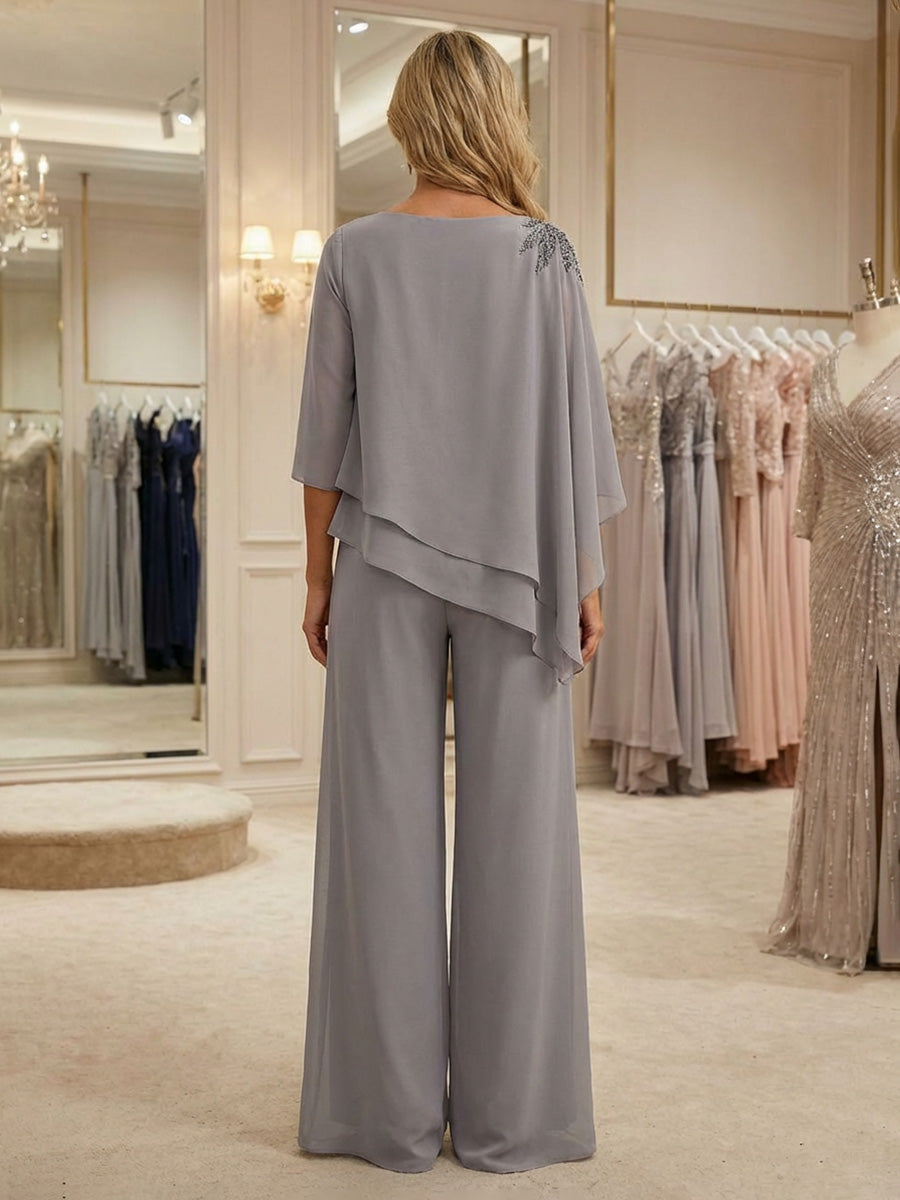 2 Pieces Chiffon Pantsuit Boat Neck Beaded Mother of the Bride Pantsuits