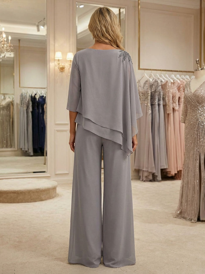2 Pieces Chiffon Pantsuit Boat Neck Beaded Mother of the Bride Pantsuits