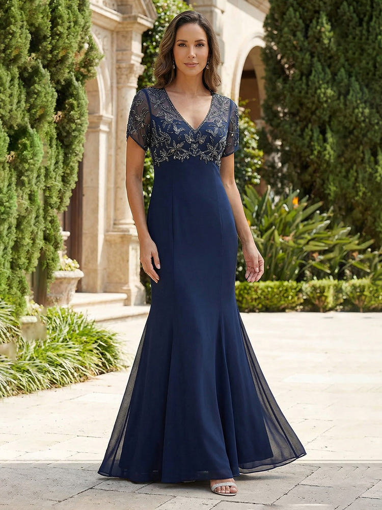 Chiffon Mermaid V Neck Sequin Embroidery Mother of the Bride Dresses