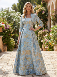 Satin Jacquard Pleated Mother of the Bride Dresses with Cape
