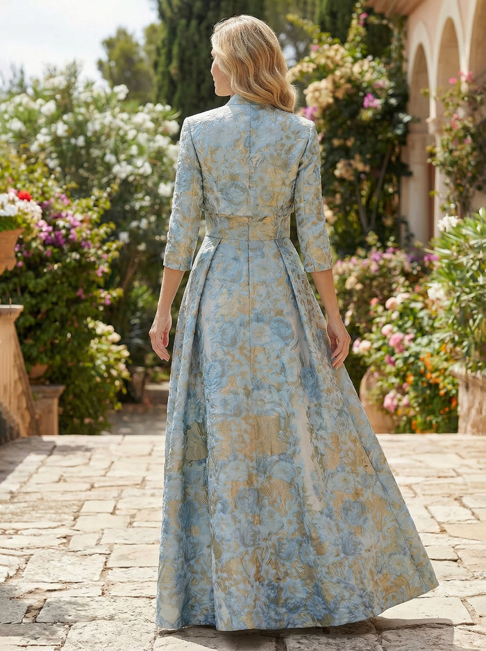 Satin Jacquard Pleated Mother of the Bride Dresses with Cape
