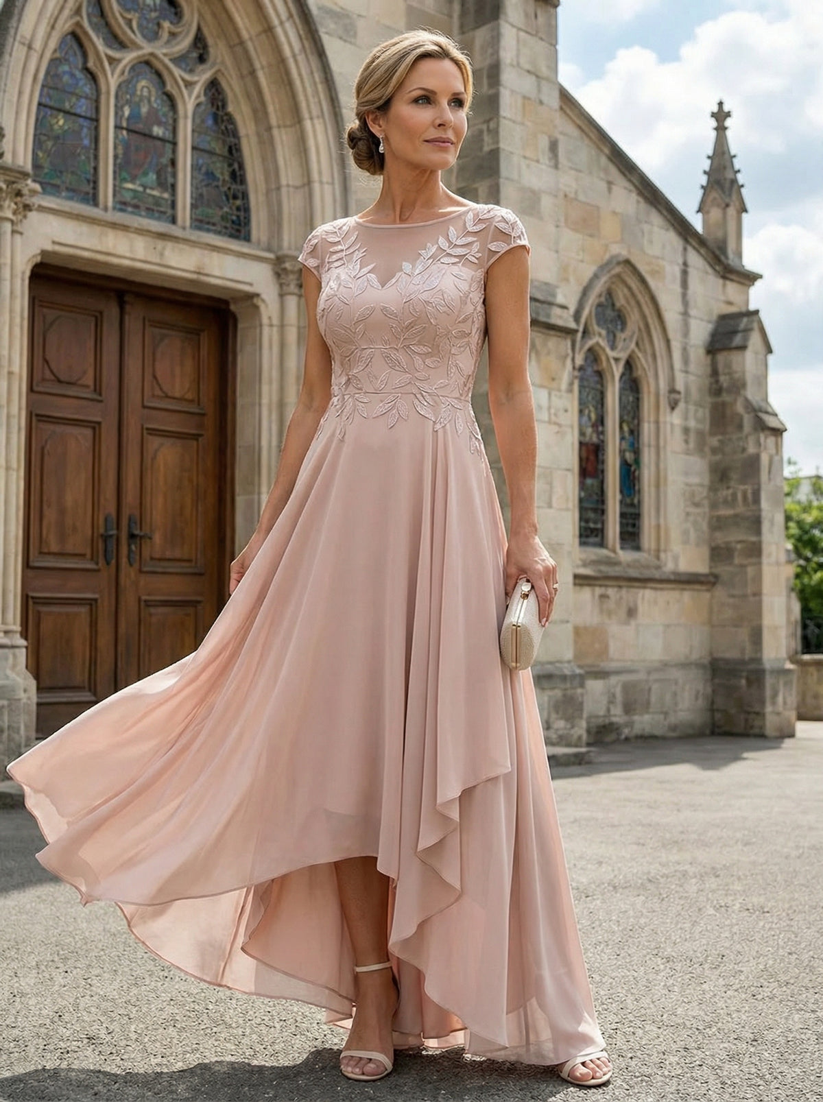 Chiffon High Low Floral Embroidery Mother of the Bride Dresses
