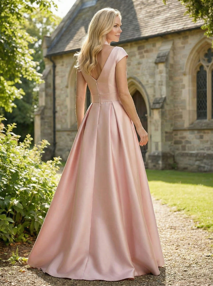 V Neck Satin Mother of the Bride Dresses with Short Sleeves