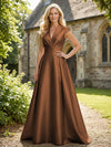 V Neck Satin Mother of the Bride Dresses with Short Sleeves