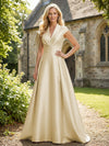 V Neck Satin Mother of the Bride Dresses with Short Sleeves
