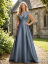 V Neck Satin Mother of the Bride Dresses with Short Sleeves