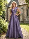 V Neck Satin Mother of the Bride Dresses with Short Sleeves