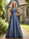 V Neck Satin Mother of the Bride Dresses with Short Sleeves