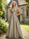 V Neck Satin Mother of the Bride Dresses with Short Sleeves