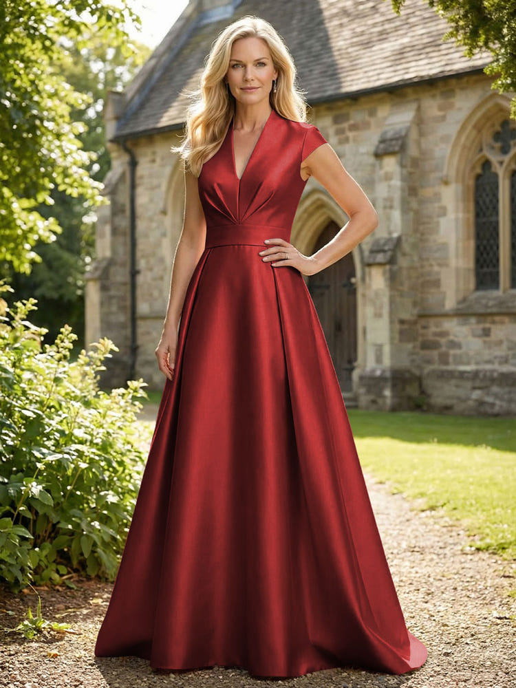V Neck Satin Mother of the Bride Dresses with Short Sleeves