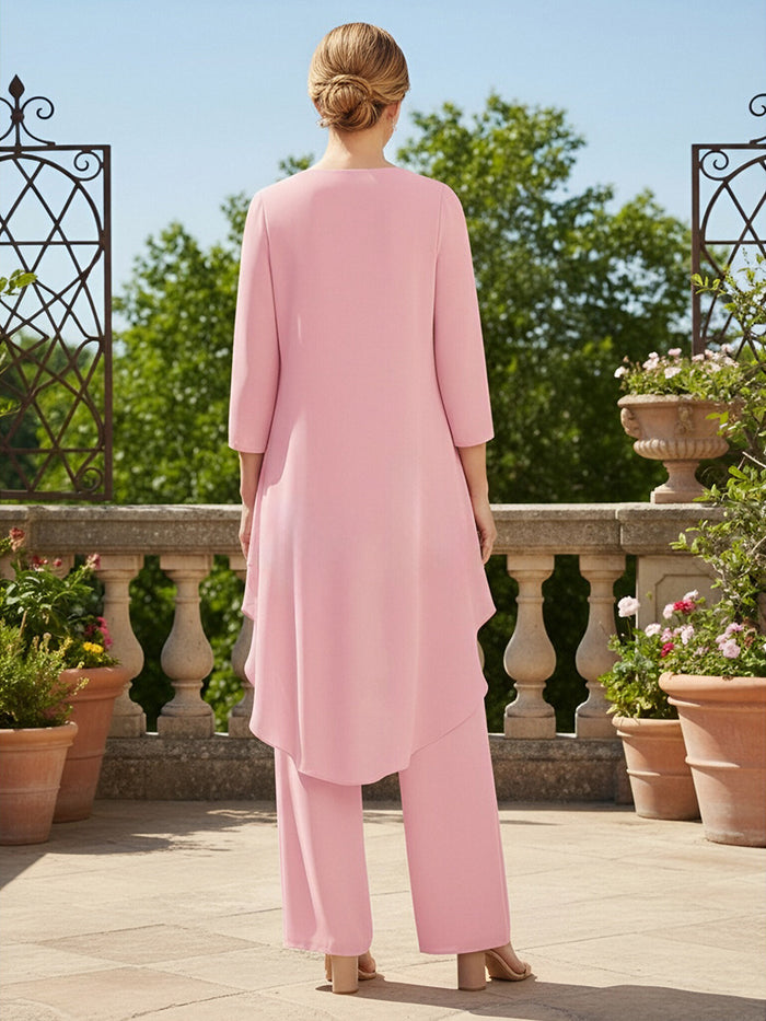 3 Pieces Chiffon Pantsuit Crew Neck Mother of the Bride Pantsuits with Jacket