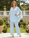 2 Pieces Chiffon Pantsuit V Neck Mother of the Bride Pantsuits with Caps