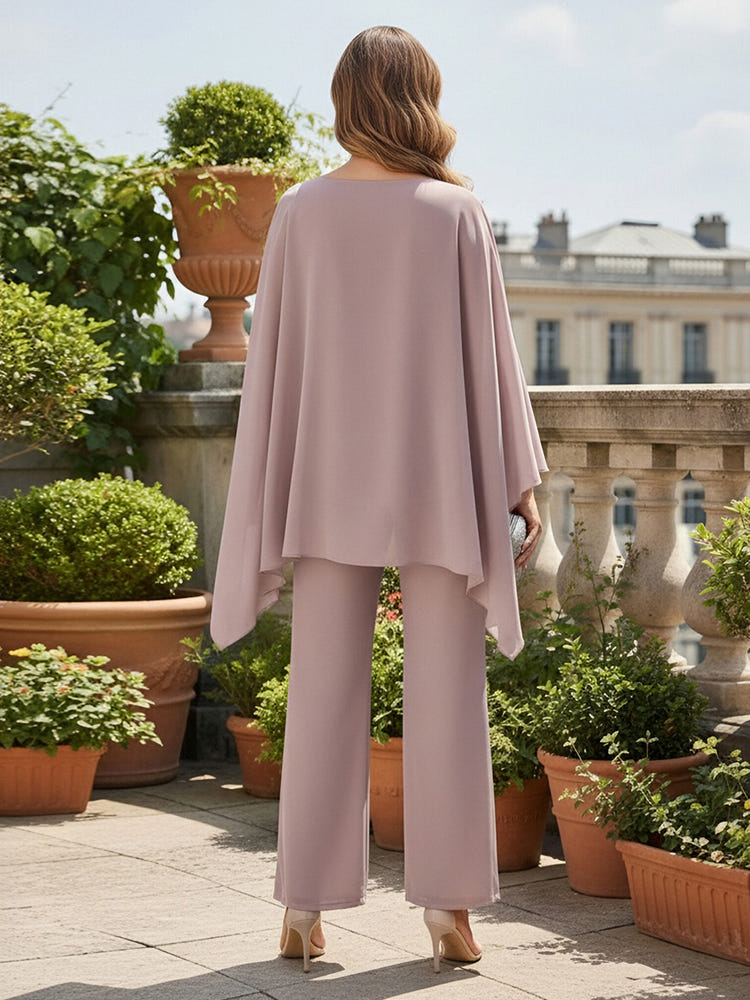 3 Pieces Chiffon Pantsuit Crew Neck Mother of the Bride Pantsuits with Caps