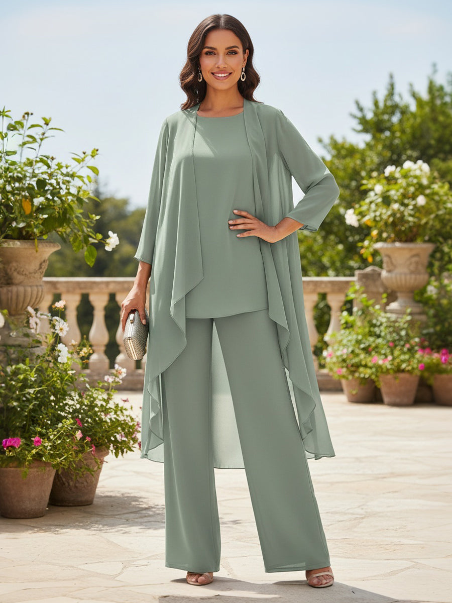 3 Pieces Chiffon Pantsuit Crew Neck Mother of the Bride Pantsuits with Jacket