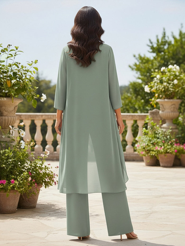 3 Pieces Chiffon Pantsuit Crew Neck Mother of the Bride Pantsuits with Jacket