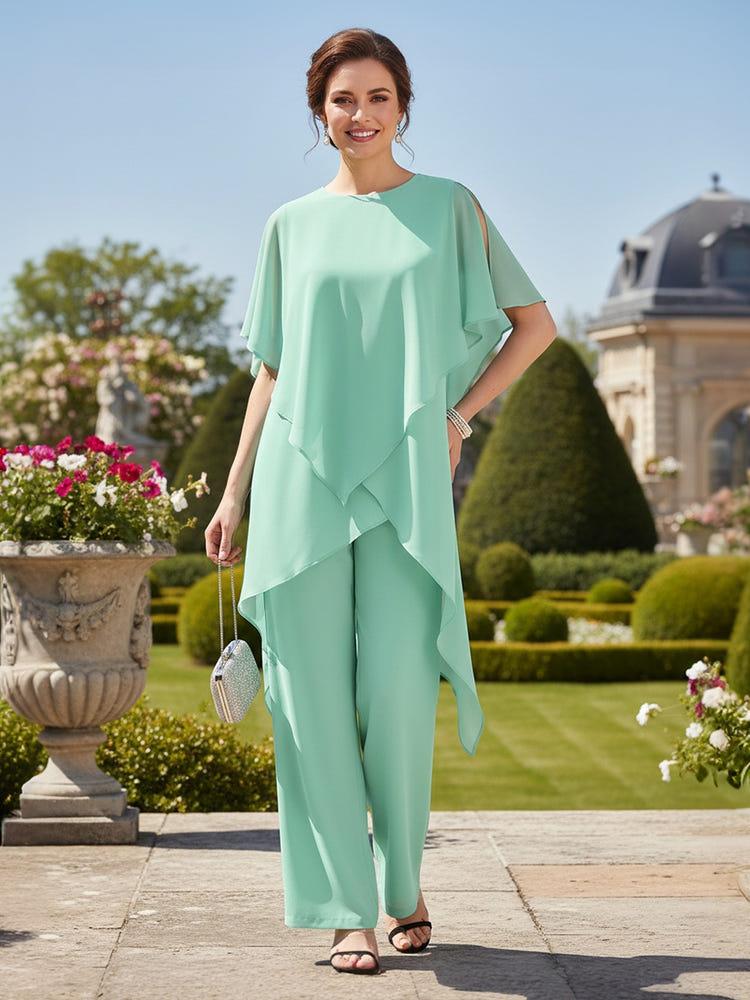 2 Pieces Chiffon Pantsuit Crew Neck Mother of the Bride Pantsuits with Caps