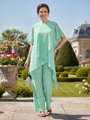 2 Pieces Chiffon Pantsuit Crew Neck Mother of the Bride Pantsuits with Caps