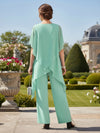 2 Pieces Chiffon Pantsuit Crew Neck Mother of the Bride Pantsuits with Caps