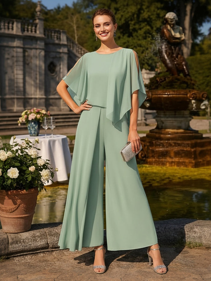 2 Pieces Chiffon Pantsuit Crew Neck Mother of the Bride Pantsuits with Caps