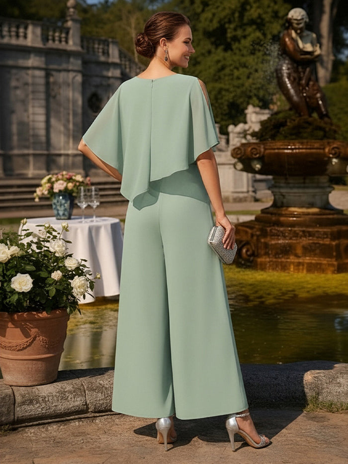 2 Pieces Chiffon Pantsuit Crew Neck Mother of the Bride Pantsuits with Caps