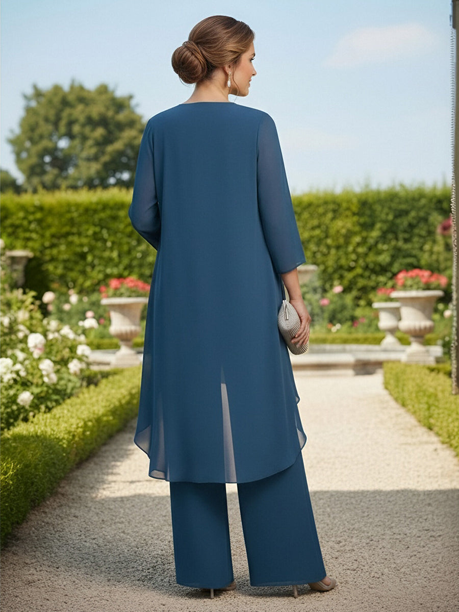 3 Pieces Chiffon Pantsuit Crew Neck Mother of the Bride Pantsuits with Jacket