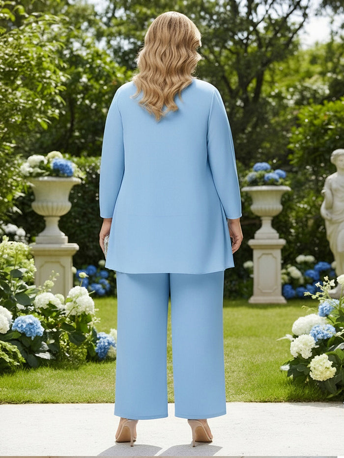 3 Pieces Chiffon Pantsuit Crew Neck Mother of the Bride Pantsuits with Jacket